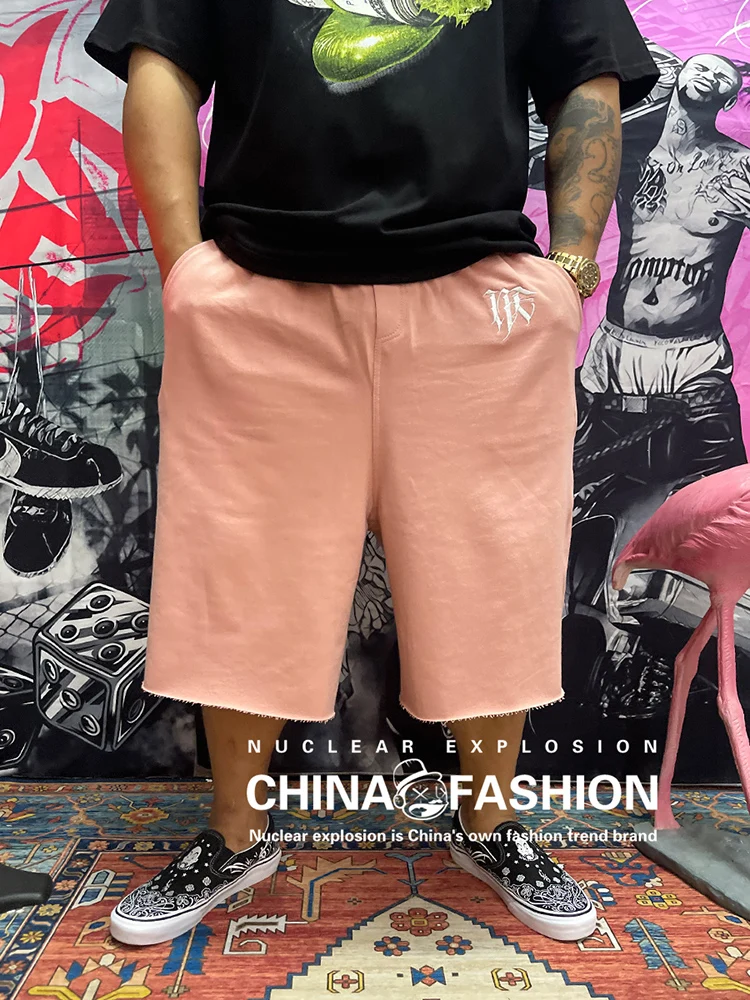 Nuclear Explosion Pink West Coast Chicano Loose Wide Leg Elastic Waist Knitted Casual Seven-Quarter Shorts Breathable Lightwe...