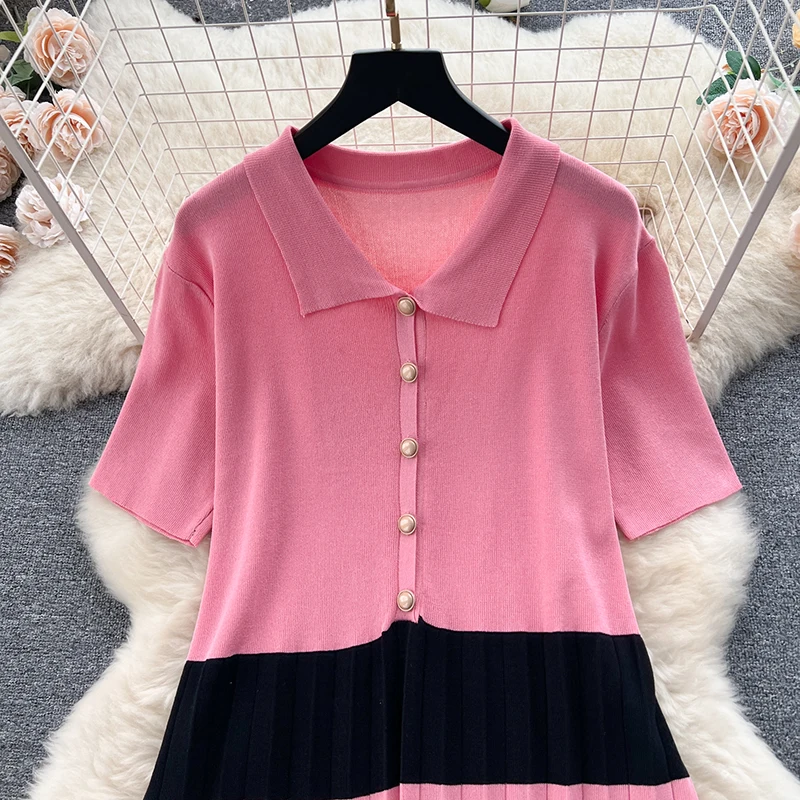 Women Vintage Polo Neck Buttons Contrast Color Short Sleeved Dress Summer Thin Loose Pleated Dress Casual Mid-Length Knit Dress