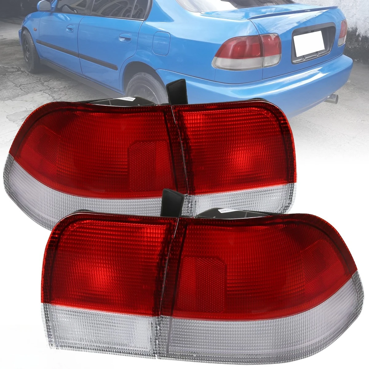 

Red/Clear Tail Lights Fits 1996-1998 Honda Civic 4Dr Sedan Brake Lamp Left+Right