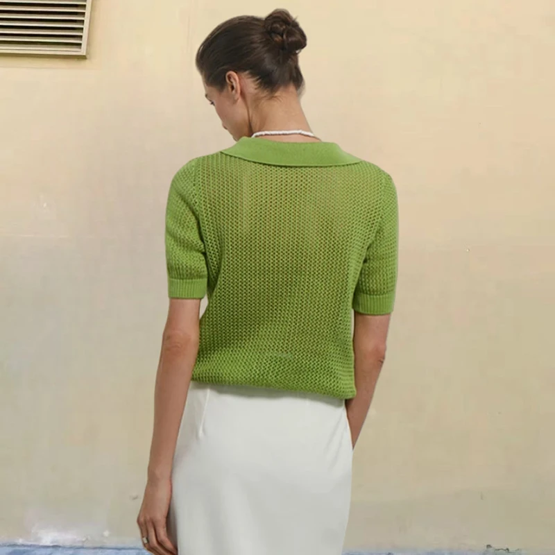 Tornova Casual Knitted Hollow T shirt Female Short Sleeve Pullover Top See Through Lapel Summer Fashion Women's Sweater T shirt - Image 4