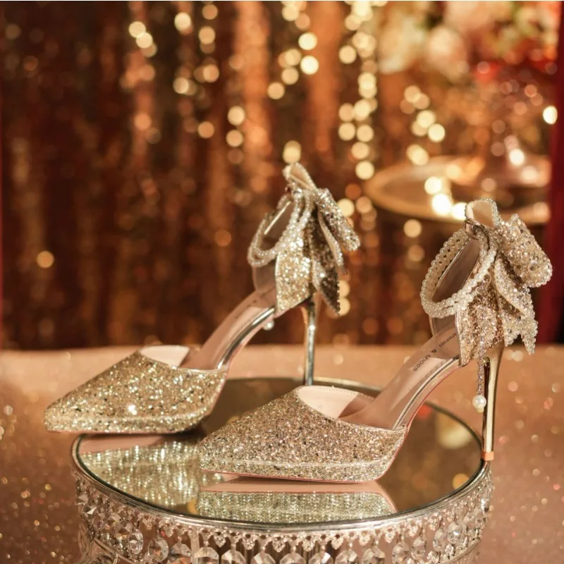 

Ladies thin heels pumps Waterproof Table Metal Sequins Flowers Glitter Bow Pearl Chain High Heels Wedding Banquet Women's Shoes