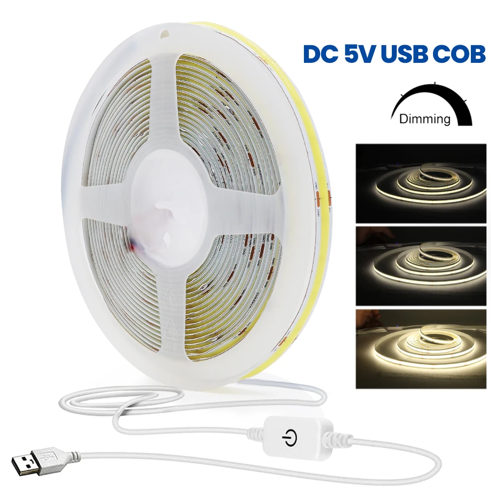 

COB LED Strip Light with Switch 5V USB 320LEDs/m High Density Flexible COB Tape Ribbon Diode 8mm Width RA90 Linear Lighting