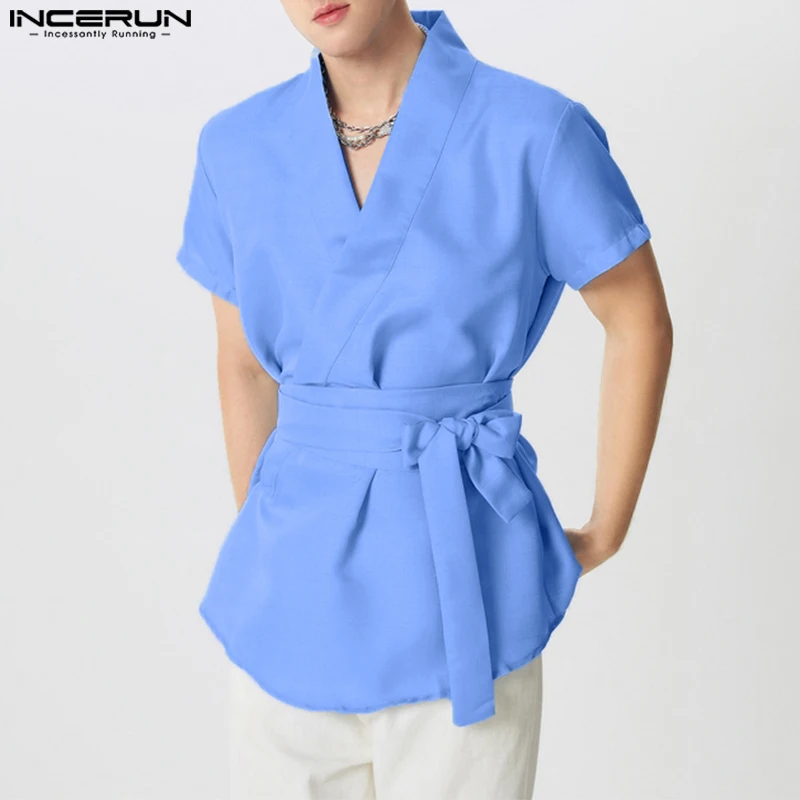 INCERUN Men T Shirt Solid Color V Neck Short Sleeve Summer Casual Male Tee Tops Streetwear 2026 Lace Up Fashion Men Clothing