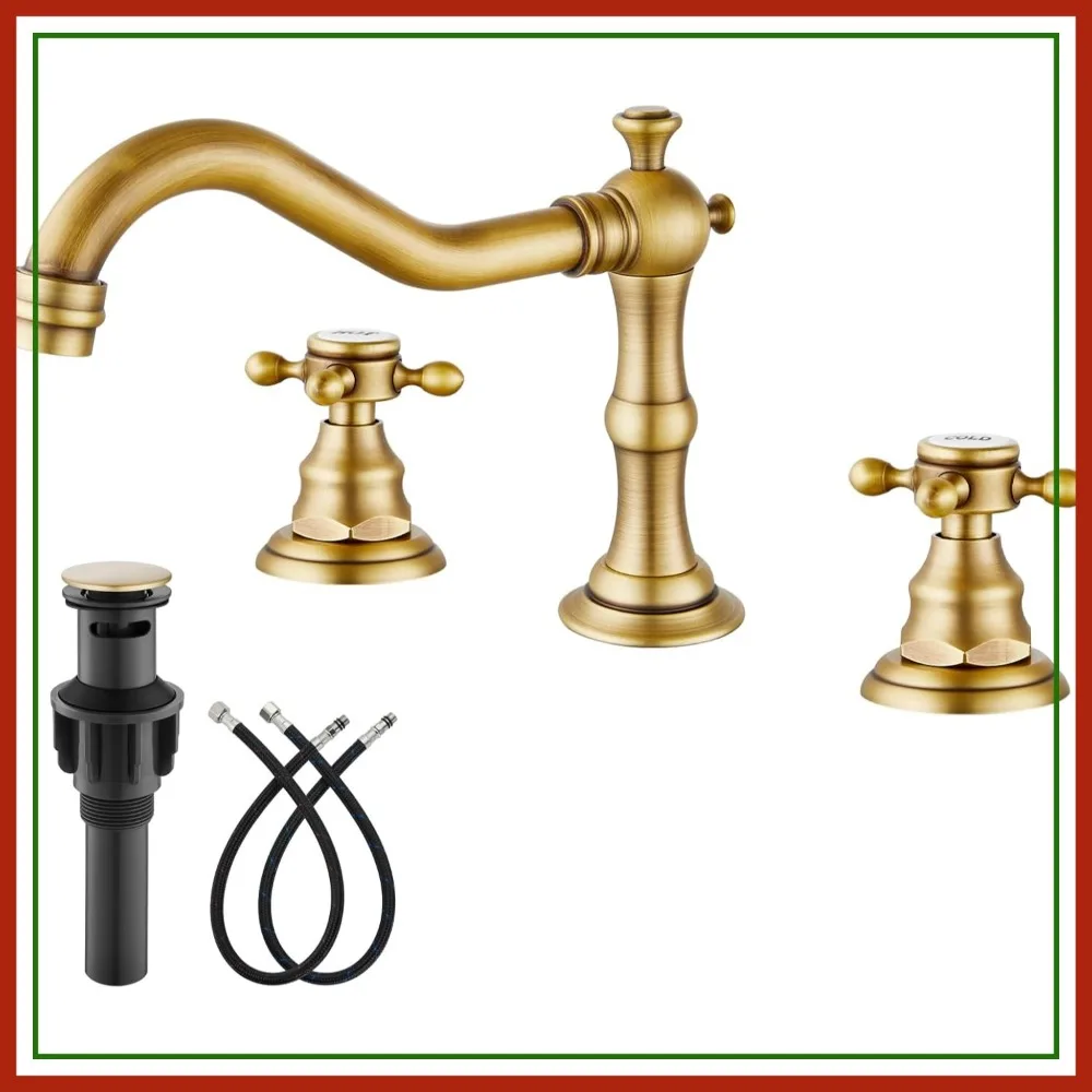 

Bathroom Faucet 3 Hole 8 Inch Widespread Sink Faucet with 2 Cross Handles Vintage Lavatory Mixer Tap Pop Up Drain, Hot Cold Label, Antique Brass