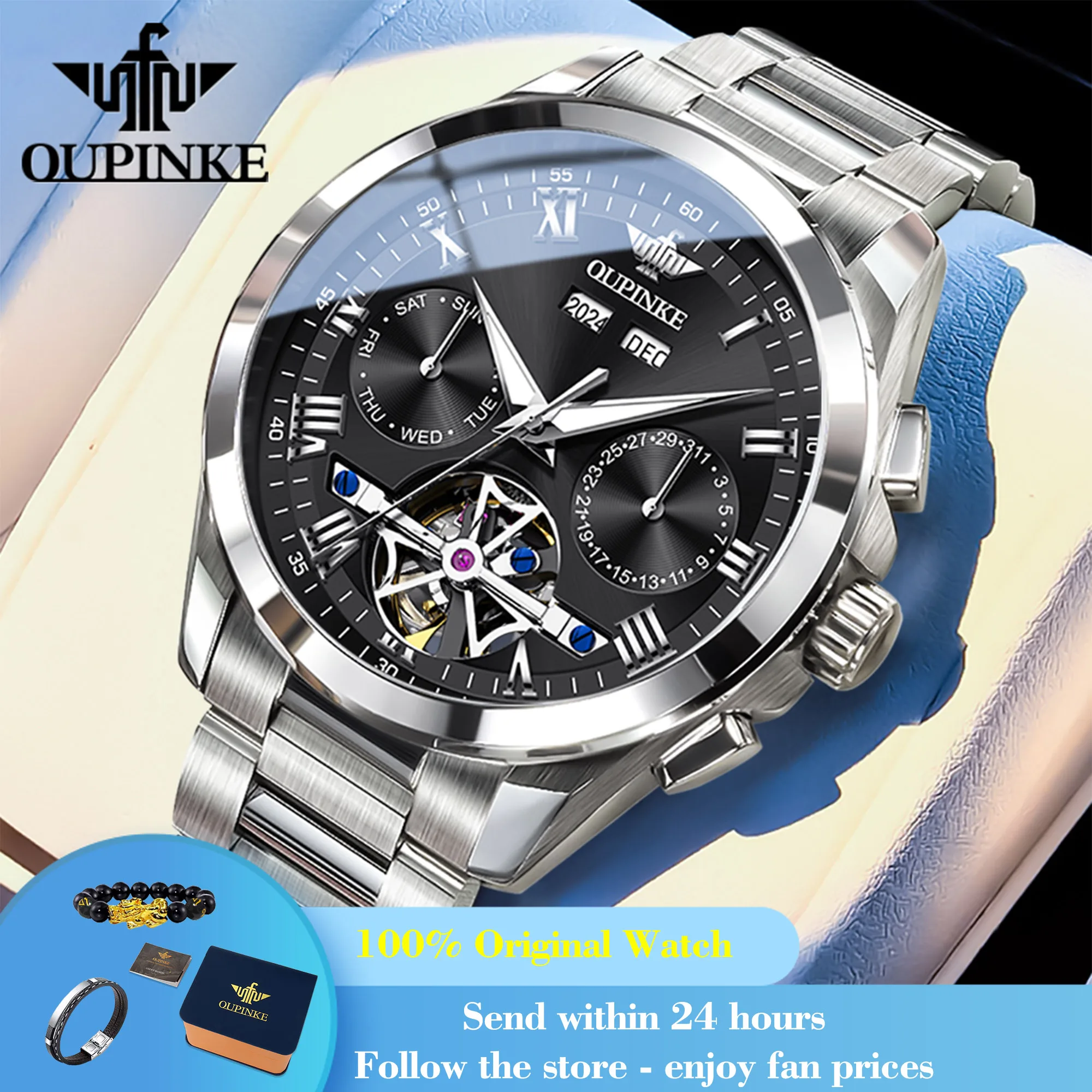 

OUPINKE 3281 Watch For Men Deep Waterproof Hollow Skeleton Man Mechanical Watch Roman Scale Auto Date Original Dress Wristwatch