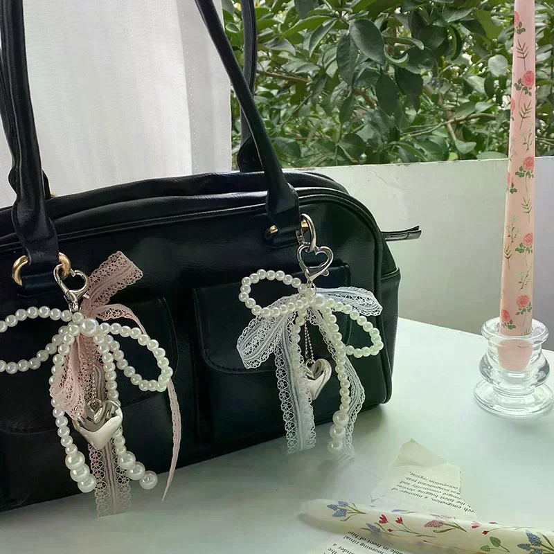 1pc Sweet Lace Bow Beaded Keychain Phone Charm Strap Pendant for Accessories Bag Hanging Cord Women Girl