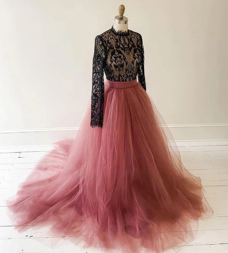 Bohemian Wedding Dress Long Sleeves Black And Pink Pastrol A Line Lace top And Tulle Skirt Bridal Gown Sexy Open Back Customized