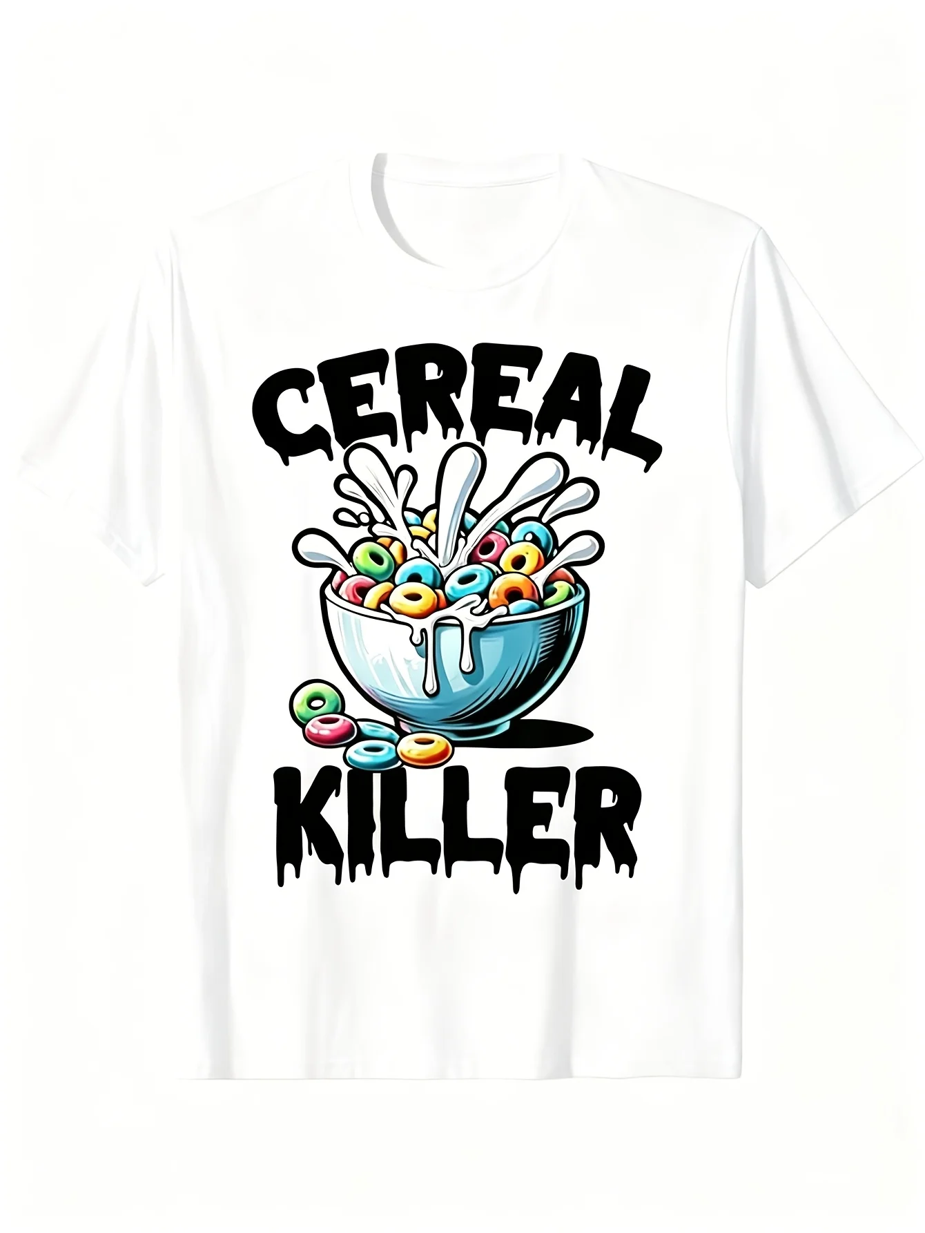 Men's Fun Cereal Killer Print T-Shirt - Black Short-Sleeve Casual Shirt with Cereal Bowl Murder Scene Graphic, Suitable for Conventions and Everyday Wear, Plus Size