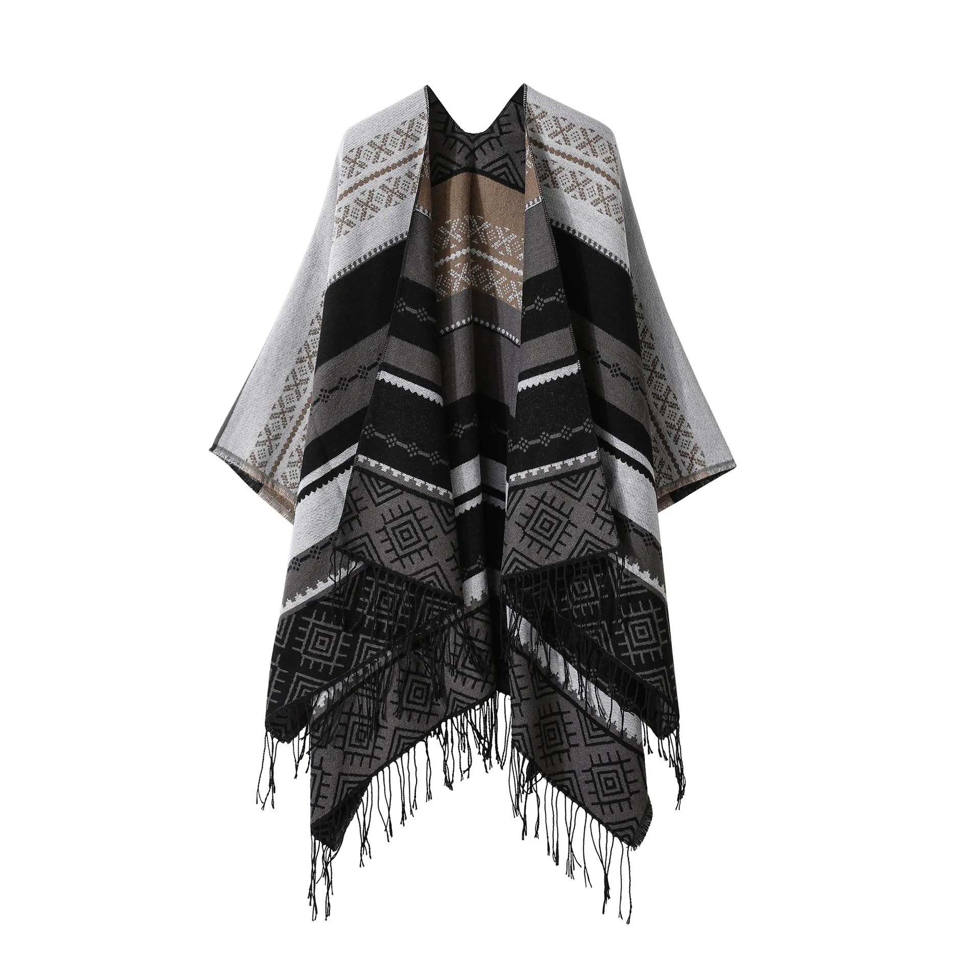 Poncho Bohemian Geometric Tassel Split Shawl Cape Travel Scarf Double-sided Cloak Imitation Cashmere Women Coat Khaki