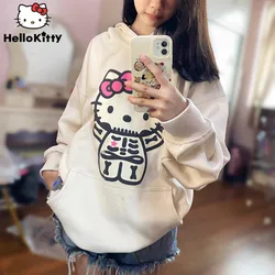 Sanrio Skeleton Hello Kitty Thick Hood Streetwear For Men And Women Winter 2000s Emo 2ky Goth Jumper Hoodie Grunge Sweatshirt