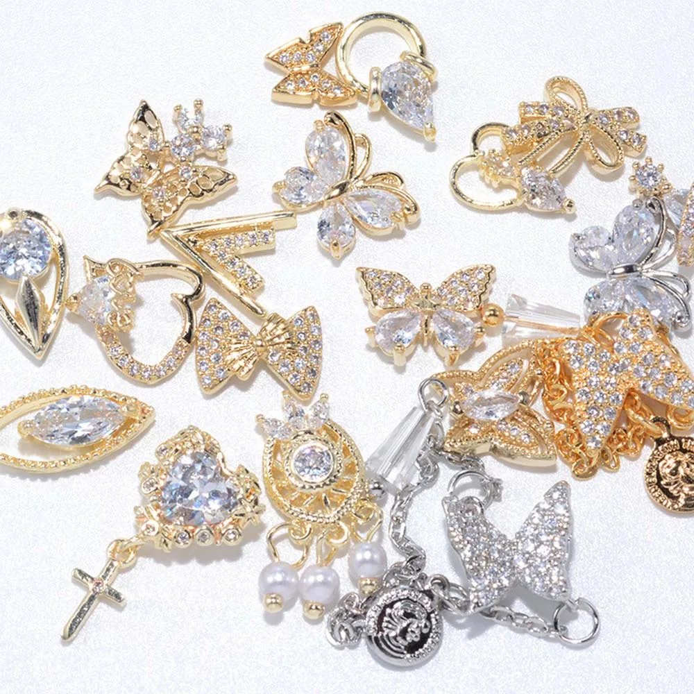 Heart Crystal Metal Zircon Butterfly Diamond Butterfly Nail Rhinestones Pendant Chain Nail Art Jewelry Nail Art Decorations