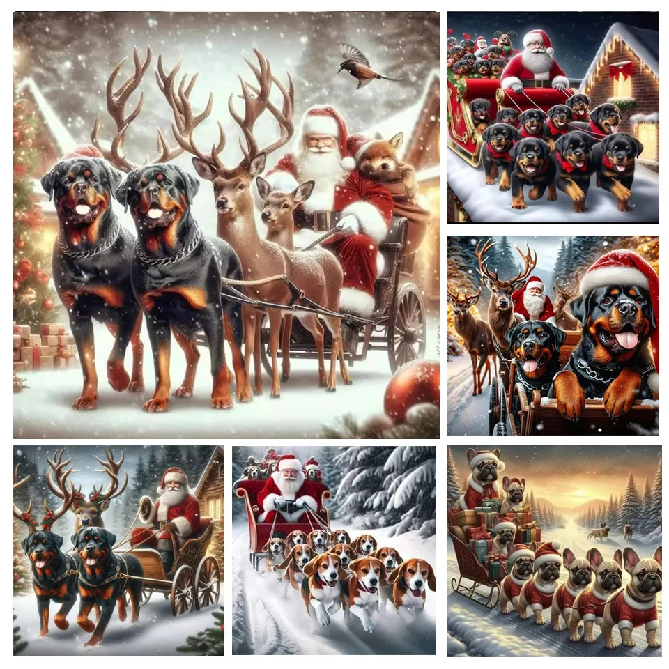 Diamond Art Painting Cross Stitch Kit Dog Sledding Santa Claus Elk Deer 5D DIY Full Diamond Mosaic Embroidery Christmas Gift