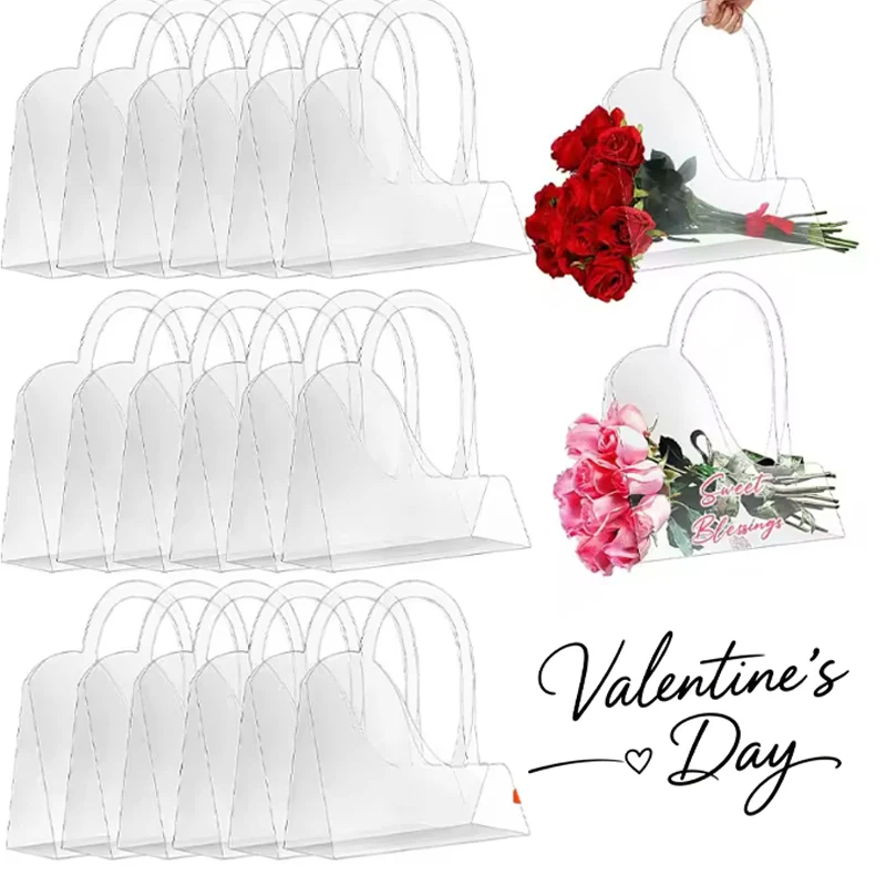Fourre-tout à fleurs pour la saint-valentin, sac cadeau en plastique Transparent pour Bouquet, avec emballage Floral Portable, pour la saint-valentin