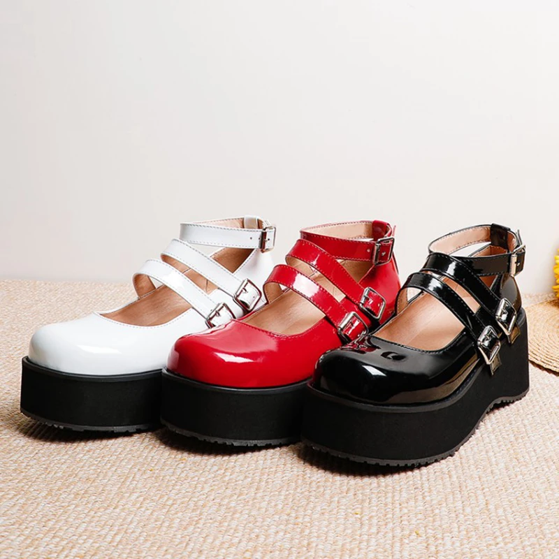 

ORCHALISA 2025 Thick Janes Round Toe Platforms Ankle Buckle Strap 7cm Chunky Heel US17 Black White Red A4353