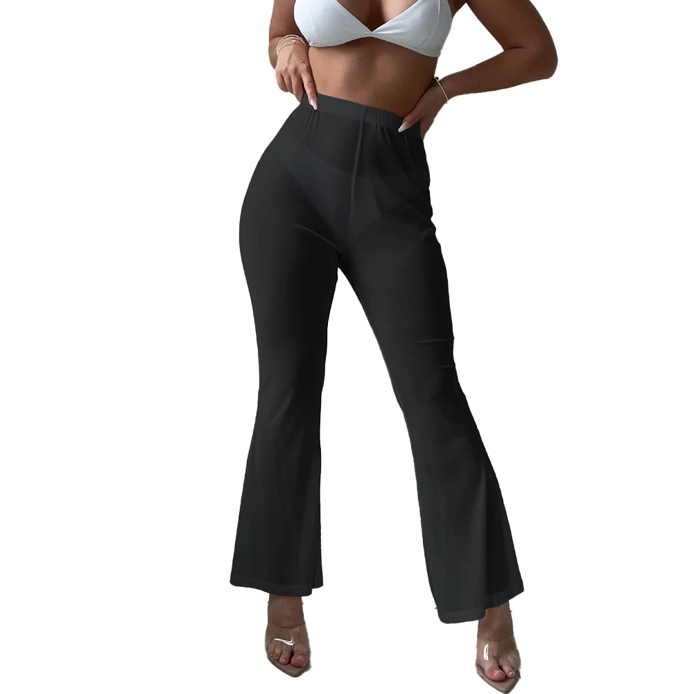 

Women Clothing Bootcut Pants Floor-length Hollow Mesh Micro-flared See-through Solid Color All Seasons Brand New