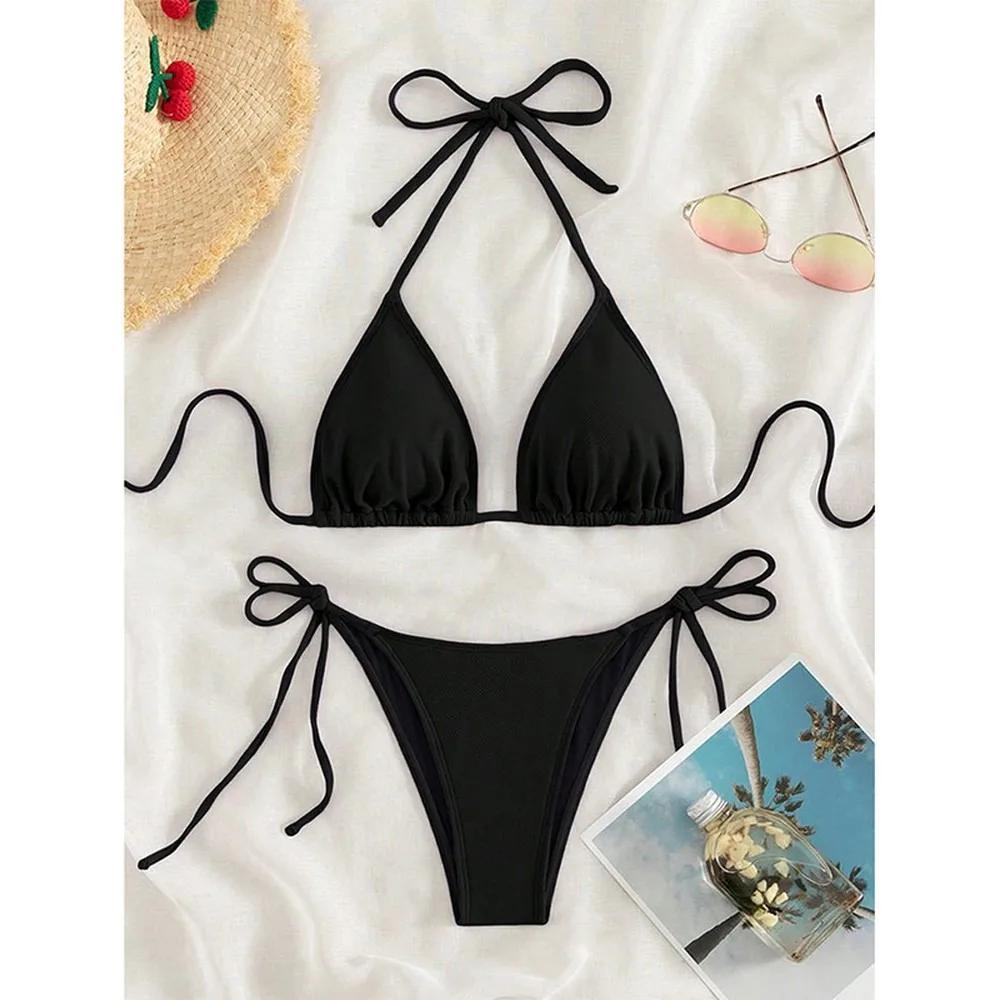 Sexy Solid Color Tie Side Bikini Set Two Piece Swimsuit For Israeli Russian Women Beach Pool Party Tankini Swimsuits Women Biqui