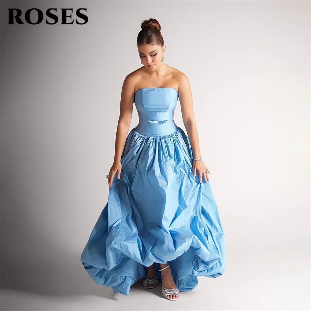 ROSES Sky Blue Playful Party Dresses Ruffled Evening Dress Trailing فساتين السهرة Strapless Gala Dresses Customized