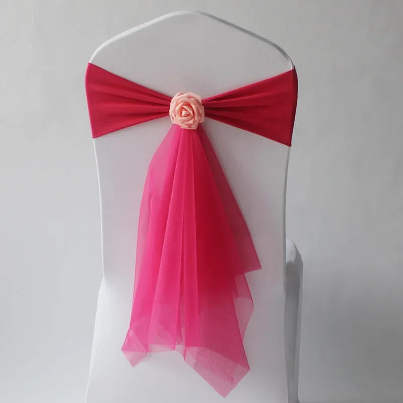 Faixa de cadeira com faixa elástica de elastano, laço e flor para decoração de eventos de aniversário de casamento, festa de aniversário, feriado