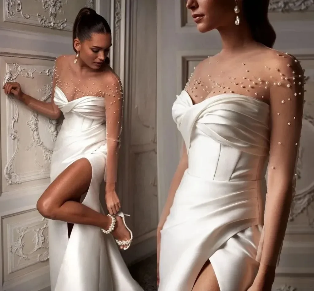

Customized New Elegant Mermaid Lace Pearl Satin Sweetheart Princess White Wedding Dress Side Split Sexy Bridal Party Dress 2025