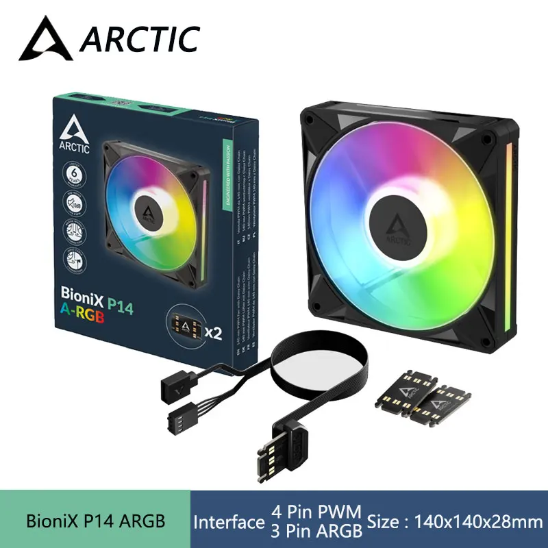 ARCTIC BioniX P14 ARGB 140mm Bridge Module Case Fan,12V 4Pin PWM/5V 3Pin ARGB Interface/Cable-Free Interconnection Cooling Fan