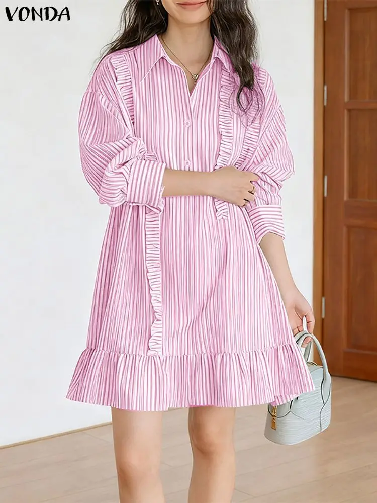 2025 VONDA Plus Size Striped Dress Women Fashion Long Sleeve Lapel Neck Sundress Autumn Mini Robe Casual Loose Short Vestidos