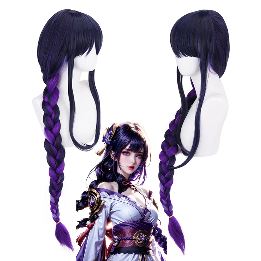 

Raiden Shogun Cosplay Wig 43 Inch Long Purple Braided Highlights Wig 180% Density High Temperature Fiber Synthetic Anime Hair