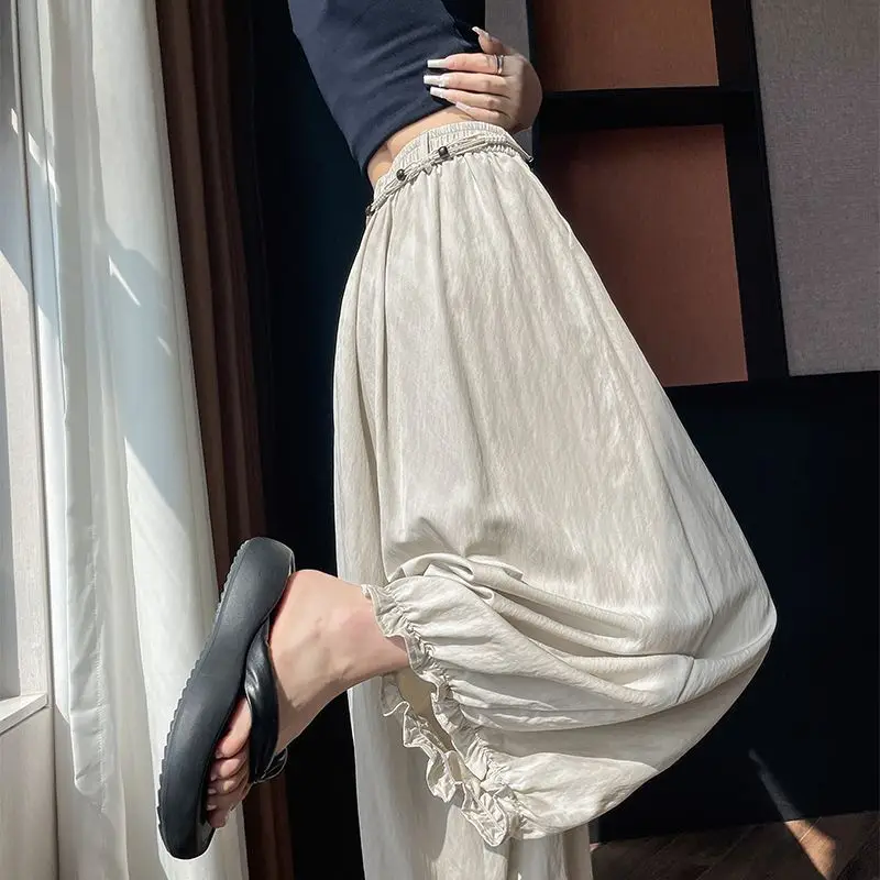 

2026 Summer New Women Ice Silk Bloomers Lace Trim High Waist Loose Wide Balloon Pants Draped Sun Protection Nine Points Trousers