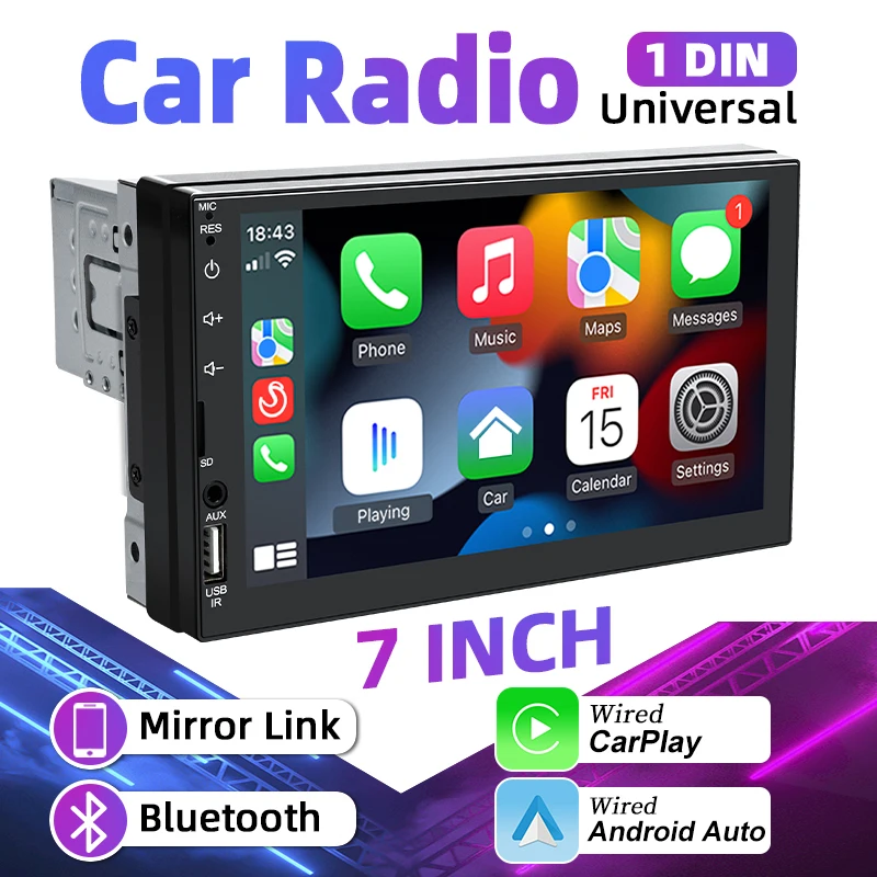 Car Radio 1 Din Carplay Android Auto Multimedia Player HD 7‘’ Touch Screen FM AUX Input Bluetooth MirrorLink Universal