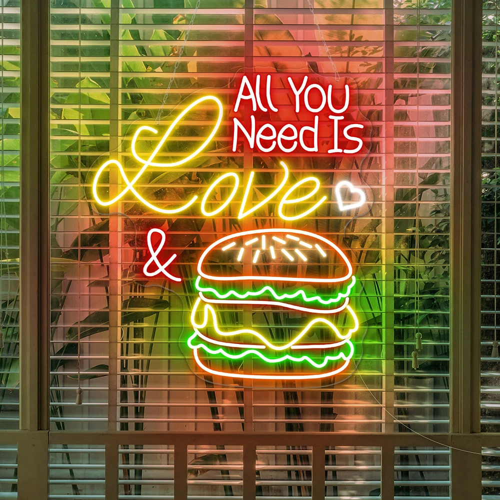 Imagem -02 - Fast Food Led Neon Light Sign Burger Wall Art Sinais Tudo Que Você Precisa é Amor e Hambúrguer Decoração da Loja