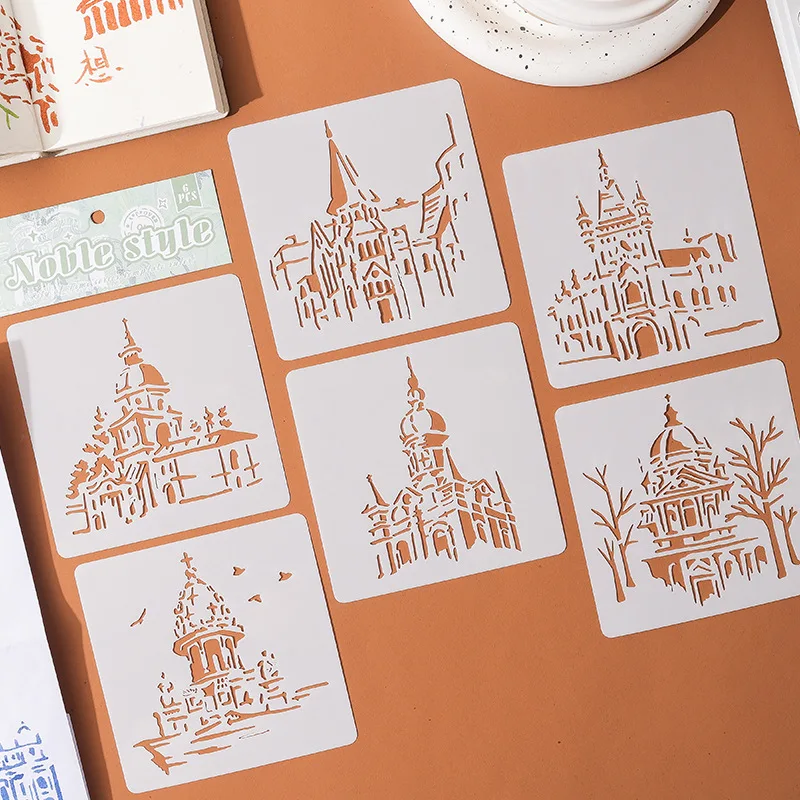 6pc Vintage Castle Stencil Set for Scrapbooking DIY Art Projects Templates Craft Drawing Tools Toys Kids Learning Education