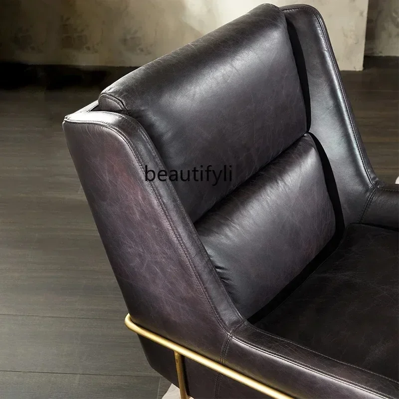 A85 Light Luxury City Iron First Layer Cowhide Couch Modern Minimalist Living Room Bedroom Retro Leather Single Sofa