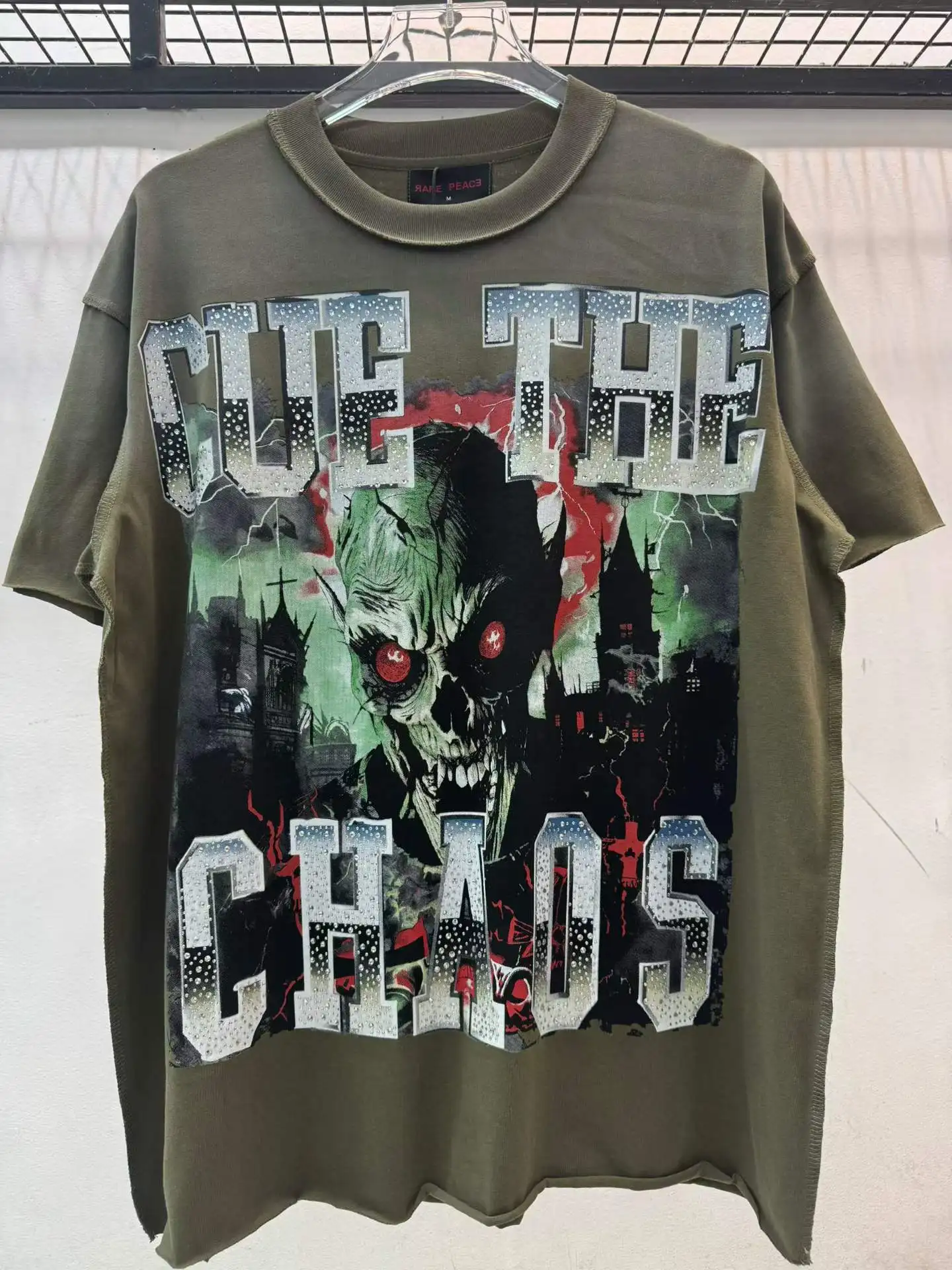 Top Version Rare Peace Distressed Rhinestone Skull Angel Printed Women Men T shirts tees Hiphop Ovesized Men Cotton T shirt
