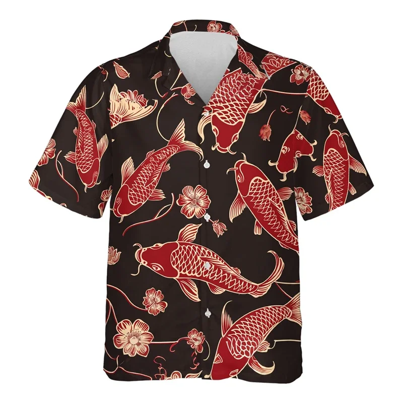 Camisa hawaiana de manga corta de verano Social informal Floral 3D para hombre, blusa de lujo de carpa Koi callejera, ropa para exteriores, Top Fit