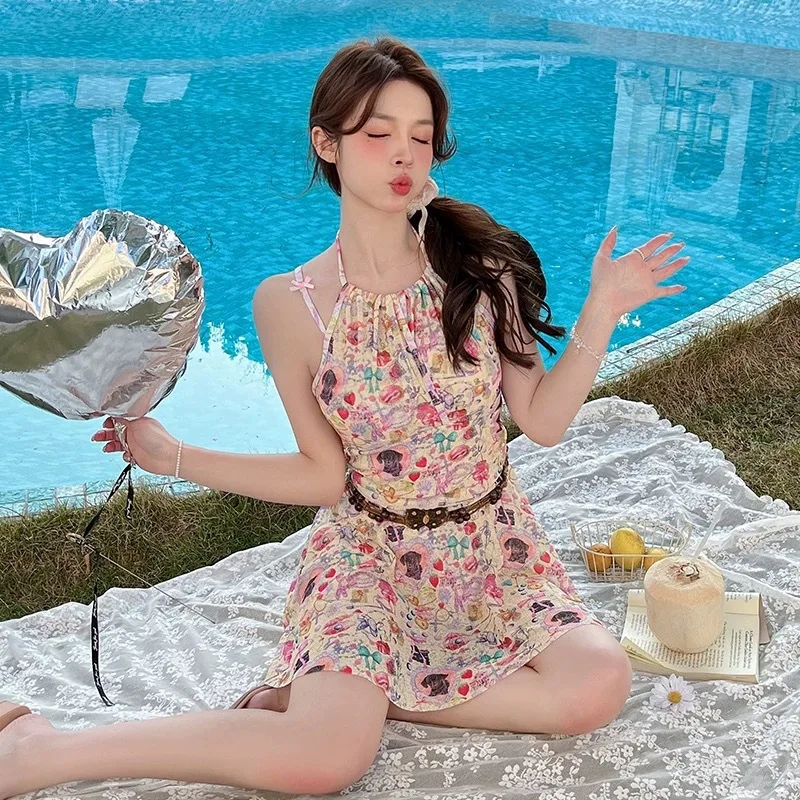 New One-piece Swimsuit Skirt Style Pure Desire Floral Flat Corner Small Chest Covering Belly Slimming Swimsuit for Women