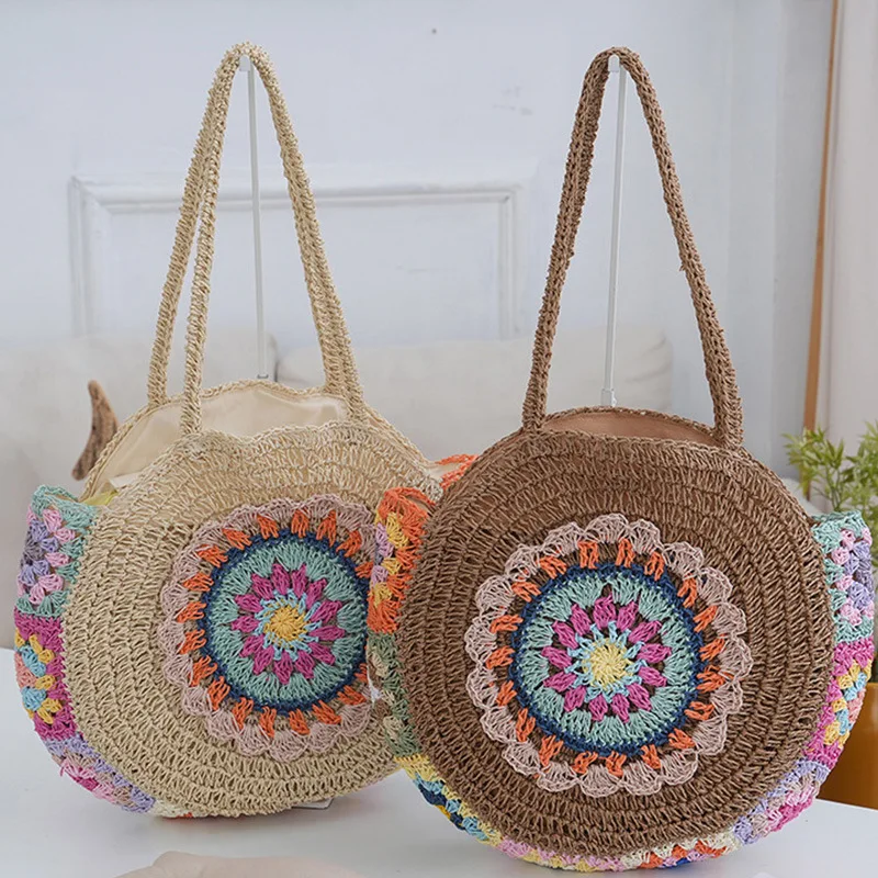 

Women Vacation Woven Beach Shoulder Bag Summer Round Straw Bags Large Capacity Hollow Out Simple Tote Bag Patchwork Handbags Sac