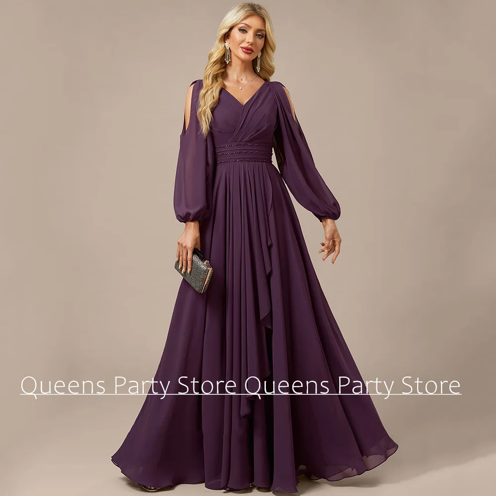 Vestido morado para madre de la novia, vestido de fiesta de noche para mujer, mangas abullonadas personalizadas, gasa con cuentas, línea A, vestidos de invitados de boda