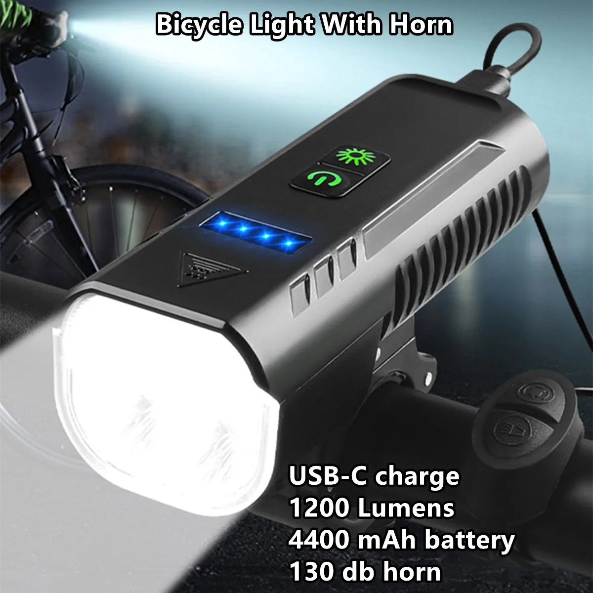 

Bike Light With Horn LED T6 USB Rechargeable Power Bank Waterproof Bicycle Headlights MTB Road Cycling Front Lamp 1200LM 4400mAh