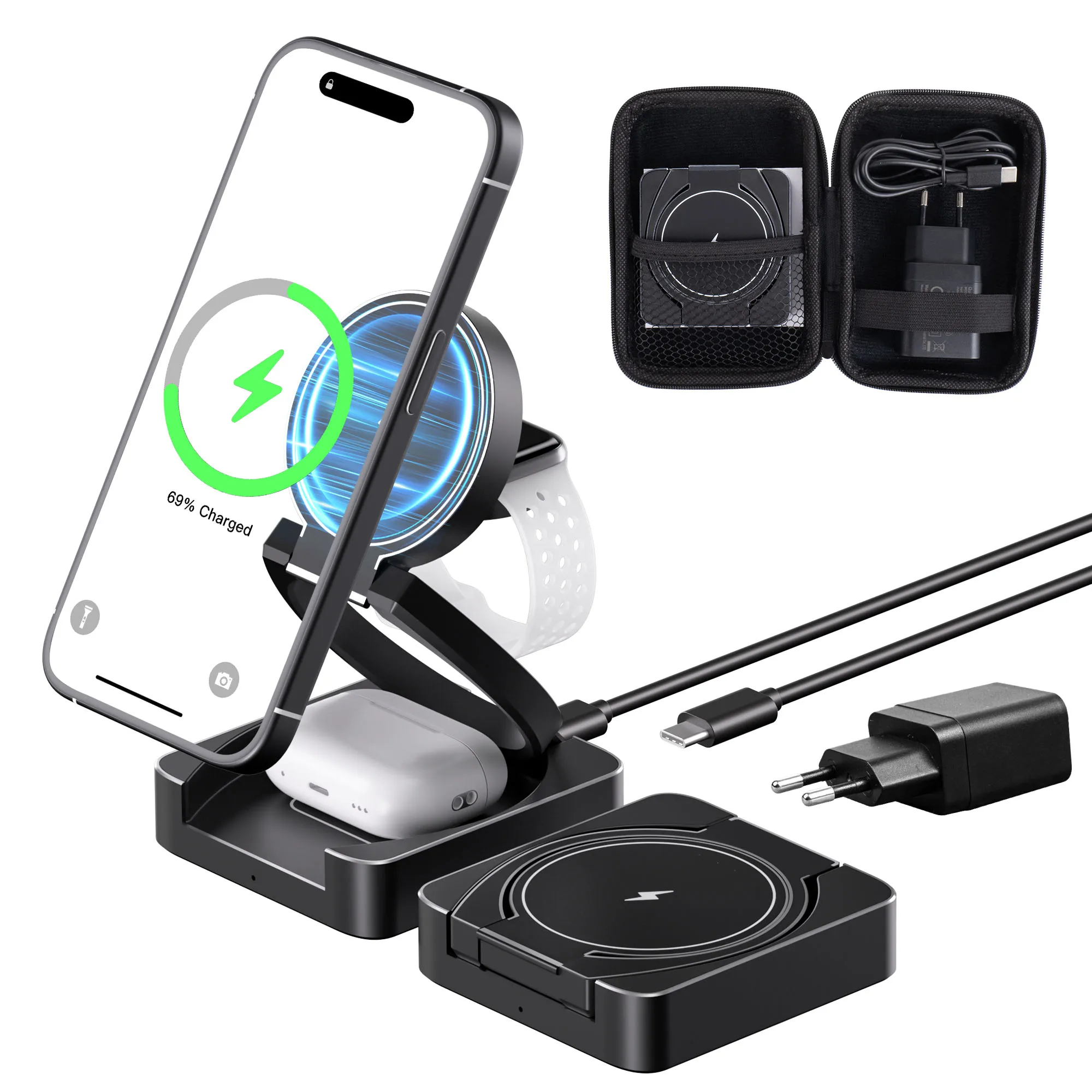 3 in 1 Foldable Magnetic Wireless Charger Stand For Applewatch iPhone 15 14 13 Pro Max Plus Station Dock Qi Fast Charging Holder