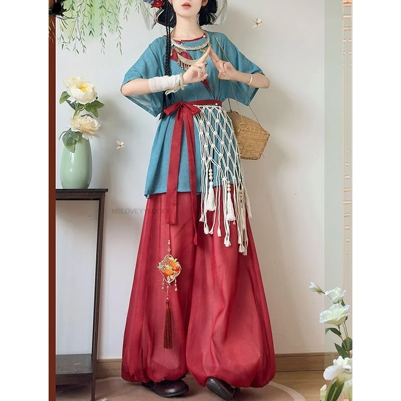 chinese-tang-style-printed-short-sleeved-round-neck-robe-and-lantern-pants-retro-daily-ancient-wear-girl-cosplay-clothing