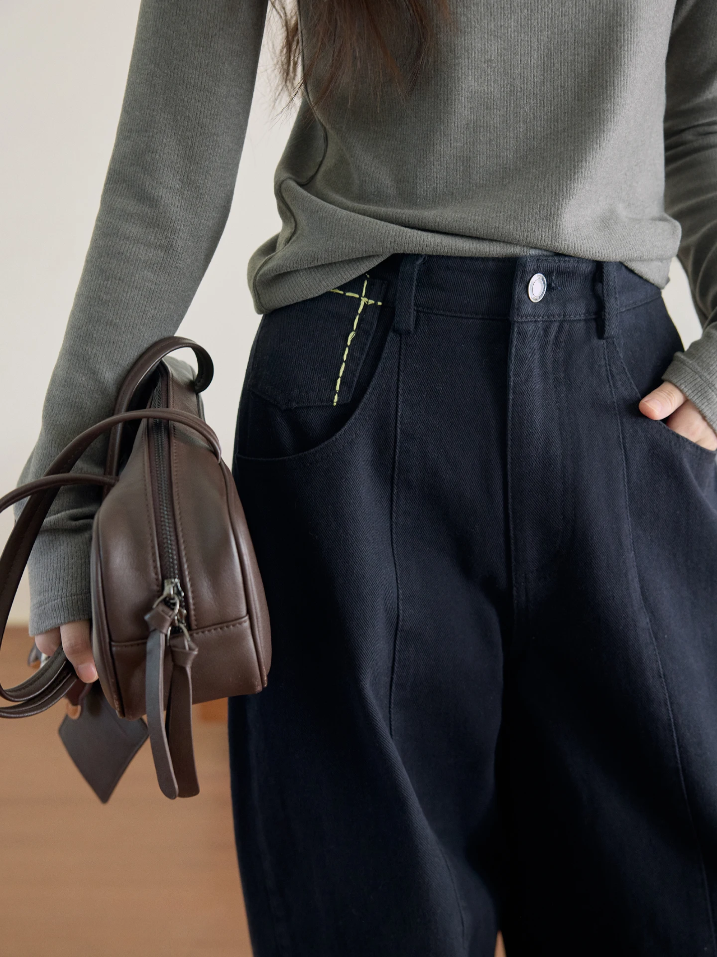 

High Waist Casual Wide Leg Brued Thermal Long Pants Asymmetrical Color Blo Slimming k Blue Casual Loose Fit Trousers