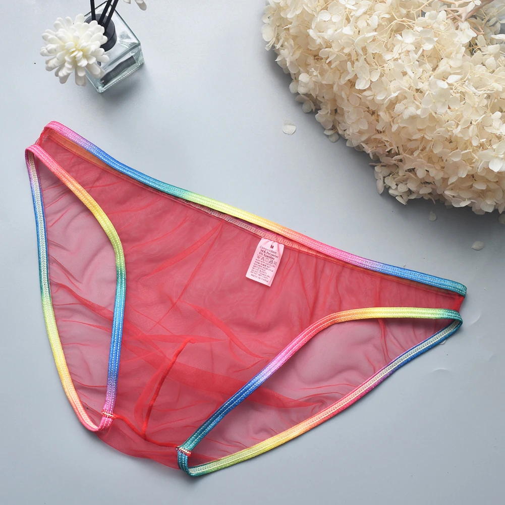 Men Ultra Thin Mesh Transparent Briefs Rainbow Edge Panties Breathable See Through Underpants Low Rise Underwear Erotic Lingerie