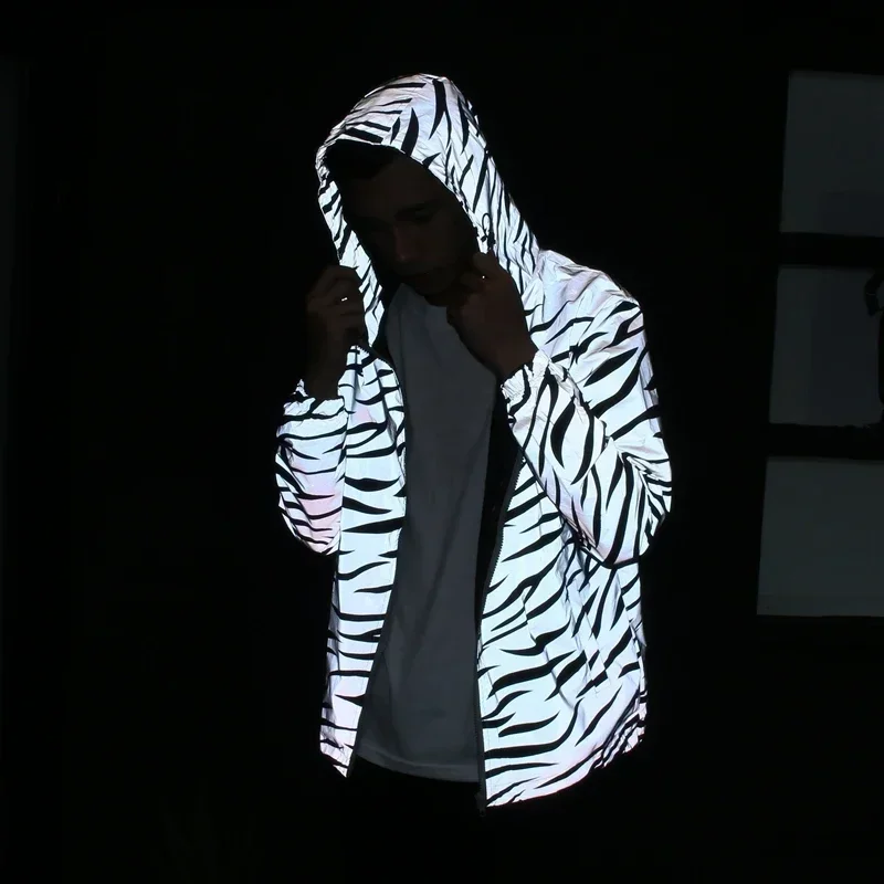 Men\'s Leopard Zebra Reflective Night Shining Hooded Windbreaker Jacket Streetwear Hip Hop Harajuku Waterproof Hoodie Coats Male