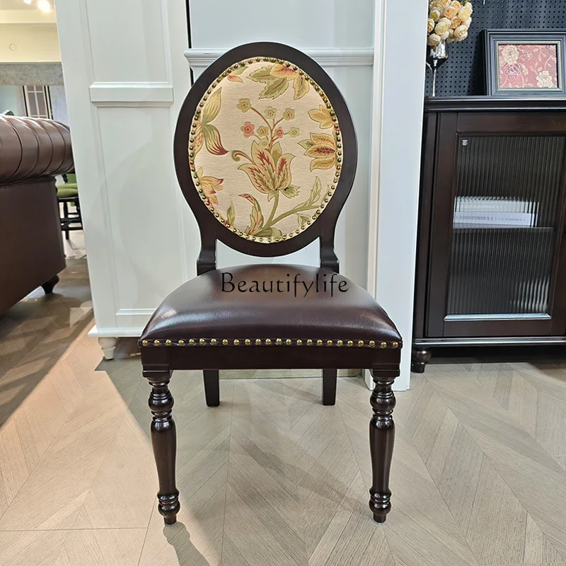 

American pure solid wood dining chair dark retro microfiber leather soft bag chair