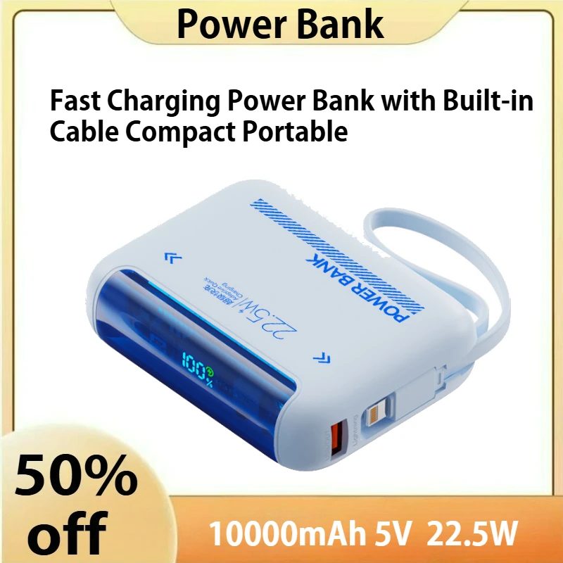 

10000mAh 22.5W Fast Charging Power Bank with Built-in Cable Compact Portable