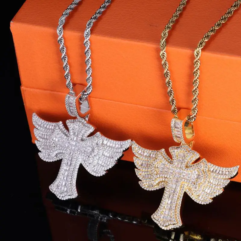 Inlaid with Moissanite Diamond Popular Hip Hop Cross Necklace Jewelry New Fashionable Personalized Wings Cross Pendant