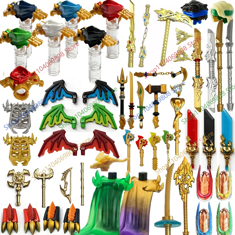MOC Figuren Zubehör Bausteine Drachenschwert Flügel Krallen Pfeil Goldener Schlangenstab Rüstung Anime Kompatible Bausteine Spielzeug N12 – Detail 1