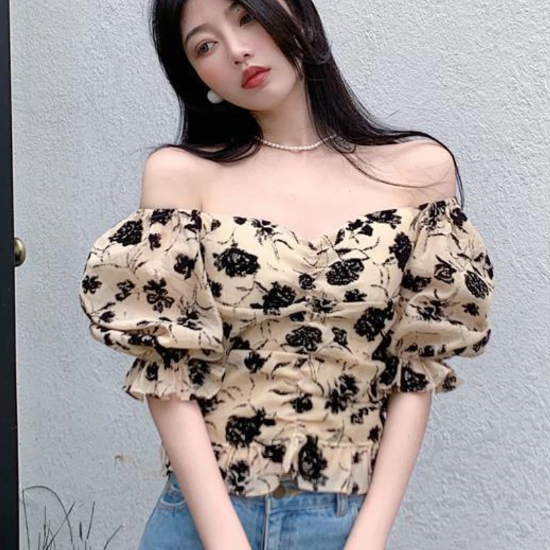 Floral Blouses Women Puff Sleeve Elegant Vintage Ruffles Design Female Hotsweet Slim Summer New Korean Style Aesthetic Gentle