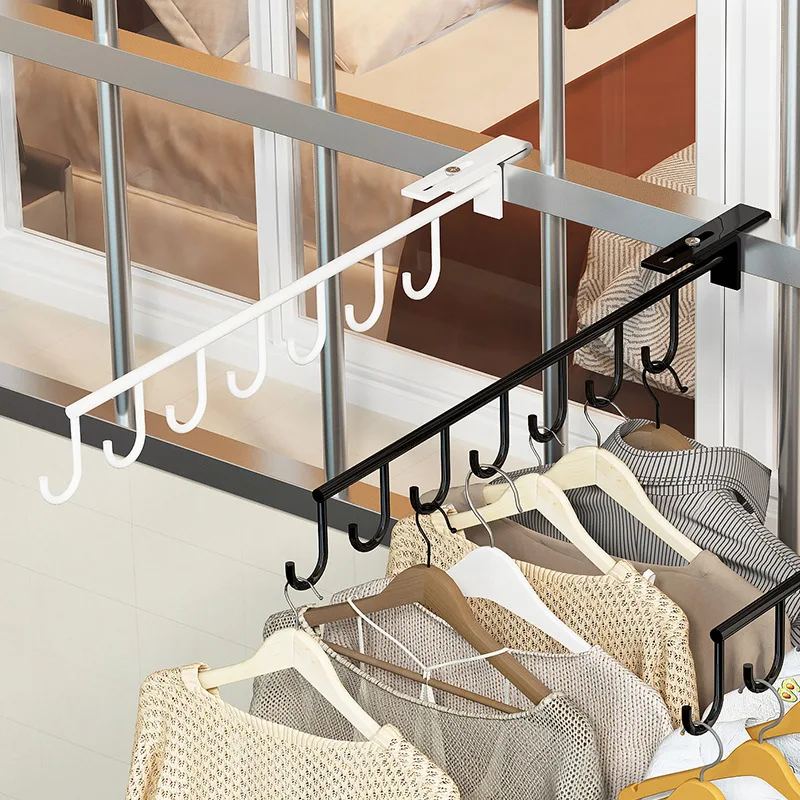 Hanging Clothes Rack with Hooks Punch Free Clothes Drying Rack Heavy Duty Clothes Storage Rod