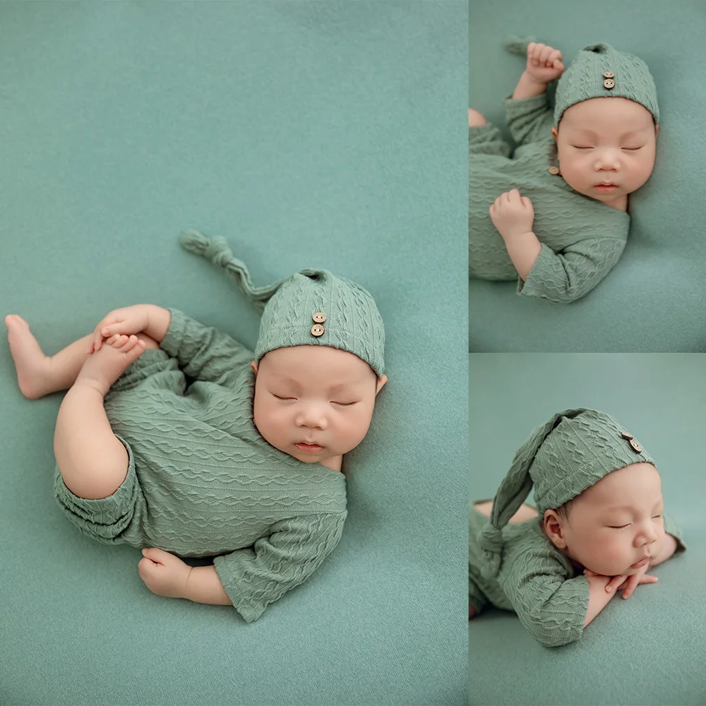 

Newborn Props for Photography Knitted Long Tail Sleeping Cap Romper Jumpsuit 2pcs/Set Photoshoot Outfits Studio Infant Overalls