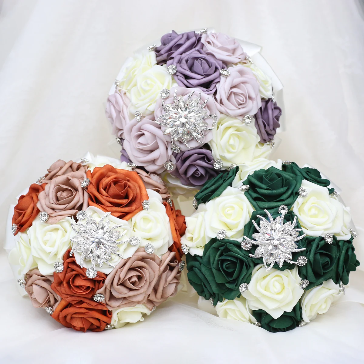 Rhinestone mão Bouquet para damas de honra, PE leite verde escuro Rose Ribbon, simulação casamento Bouquet, prata, PE821